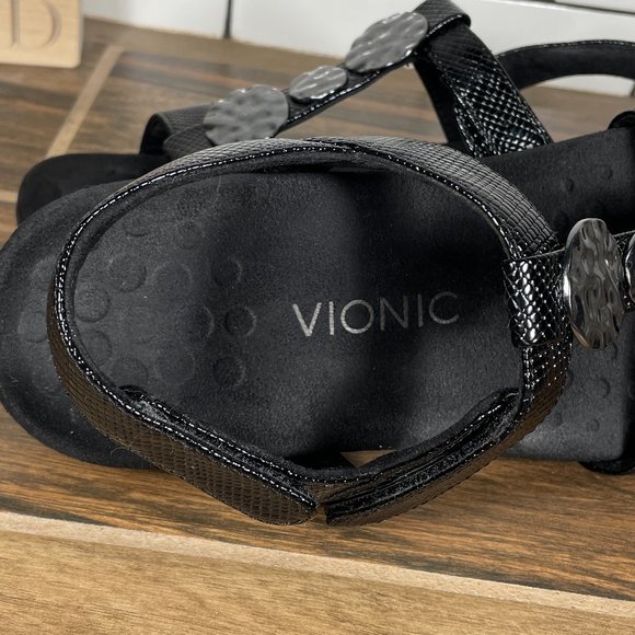 Vionic Farra Women's Size 7 Shoes Black Lizard Print Strappy Medallion Sandals - Picture 9 of 12